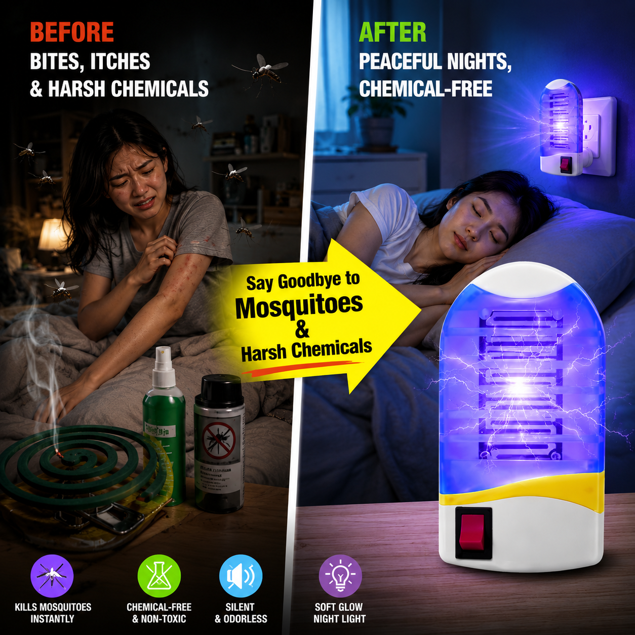 Plug In UV Light Mosquito Killer Lamp 360° Coverage Silent Electric Bug Zapper 2 In 1 Night Light Safe For Family Bedroom Kitchen Indoor-QZZ