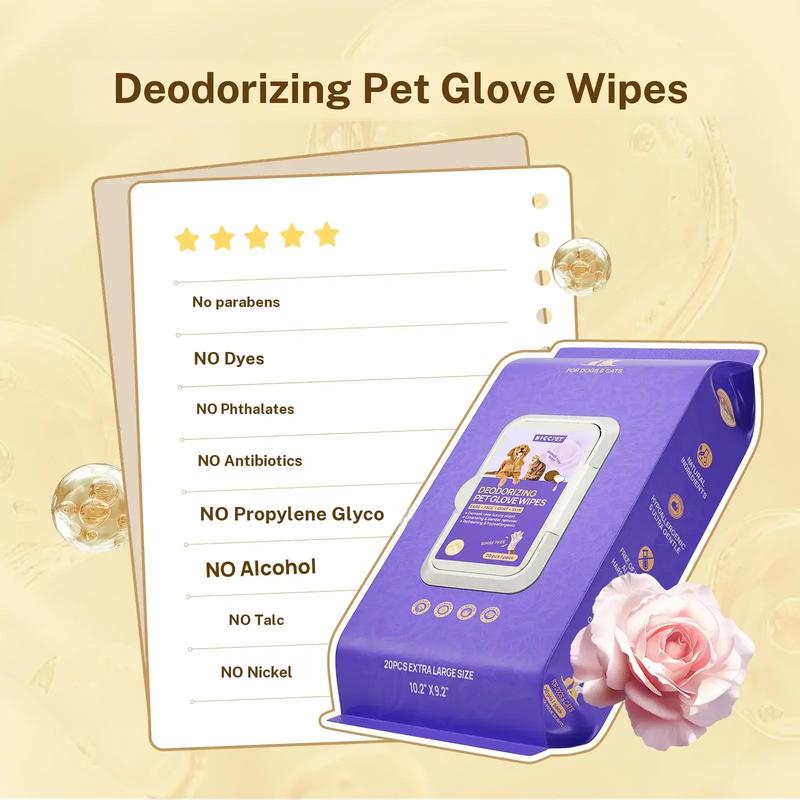 Deodorizing Pet Glove Wipes, Extra Large No-Rinse Cleaning Gloves for Dogs & Cats, Hypoallergenic Disposable Pet Bath Wipes-TTT