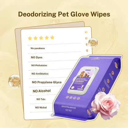Deodorizing Pet Glove Wipes, Extra Large No-Rinse Cleaning Gloves for Dogs & Cats, Hypoallergenic Disposable Pet Bath Wipes-TTT