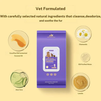 Deodorizing Pet Glove Wipes, Extra Large No-Rinse Cleaning Gloves for Dogs & Cats, Hypoallergenic Disposable Pet Bath Wipes-TTT