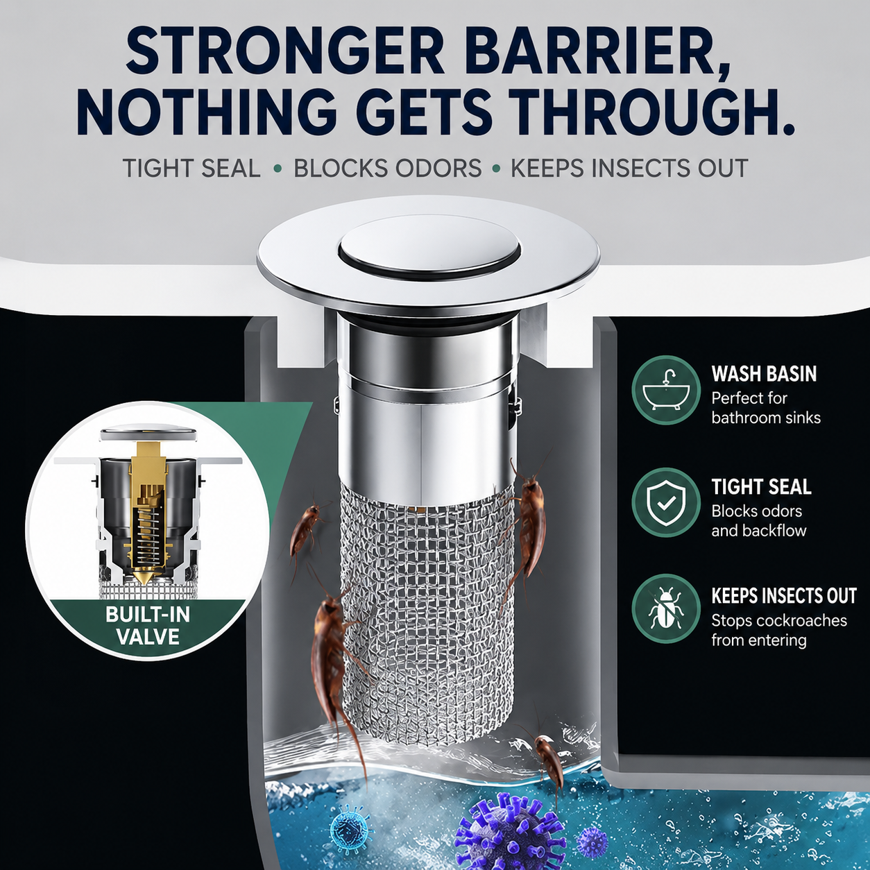 🚿Universal Pop-Up Bathroom Sink Drain Filter with Removable Stainless Steel Hair Catcher Basket🦠 Anti-Odor &Anti-Insect Design-YOY