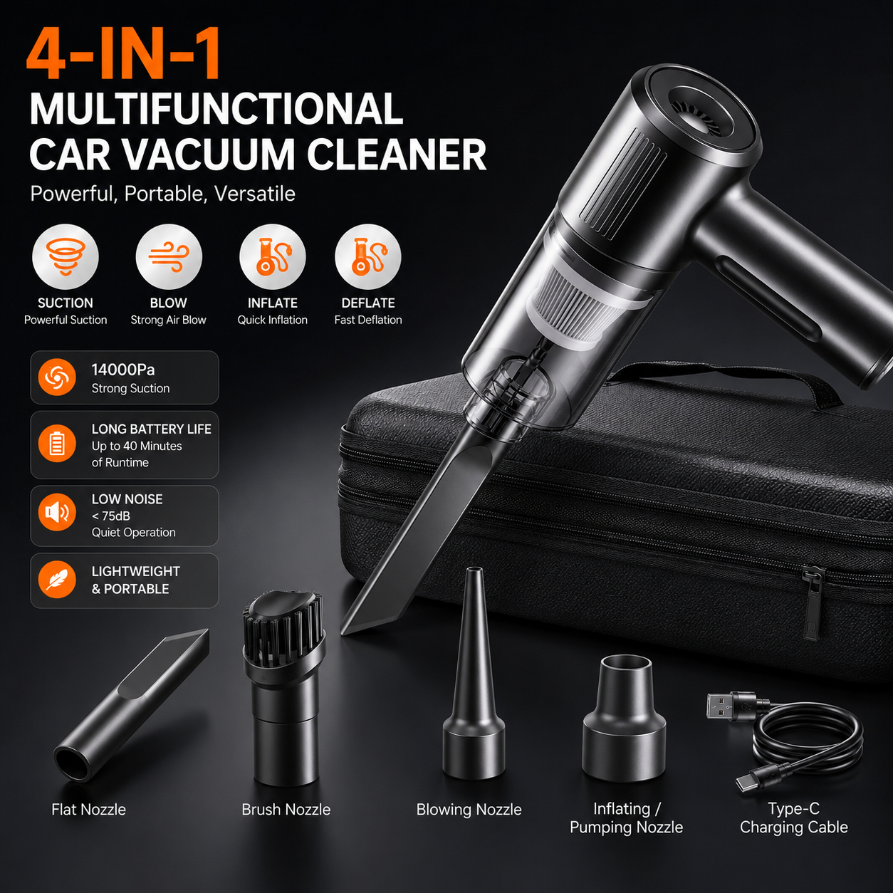 4-in-1 Cordless Car Vacuum Cleaner, High Power Powerful Suction, Mini Handheld Vacuum with Blow/Pump/Inflate Function for Car & Home 🚗✨-QZZ