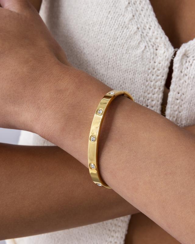 14K Gold Plated Crystal Bangle Bracelet, Waterproof Stainless Steel Cuff Bangle with Sparkling Stones-TTT