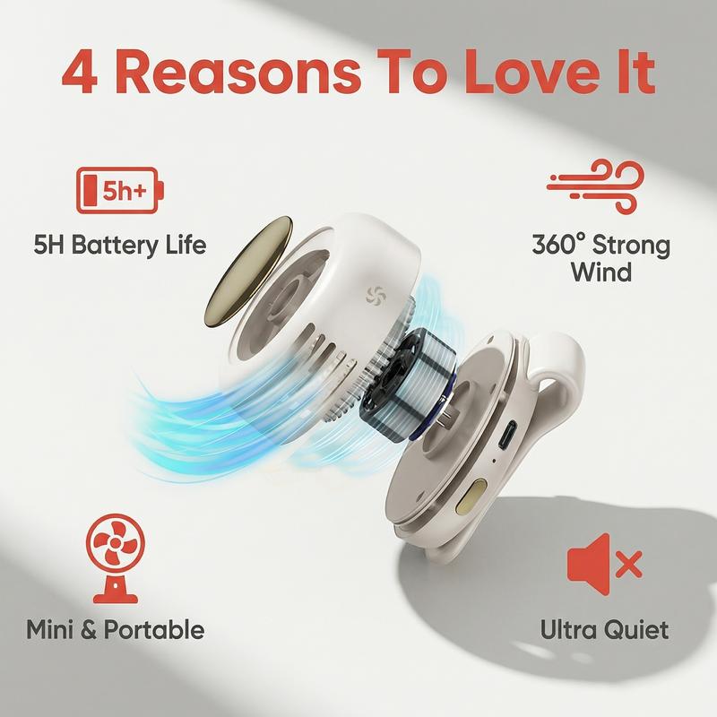 ❄️Mini Bladeless Clip Fan –5H Battery Life🔋Portable Rechargeable Silent Cooling Fan with 3 Speeds & 360° Rotation-AUX