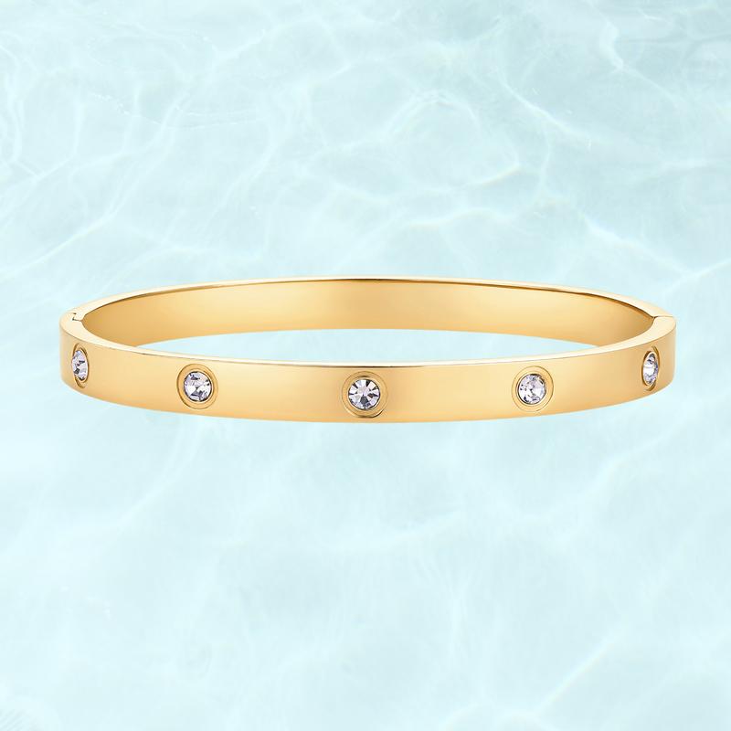 14K Gold Plated Crystal Bangle Bracelet, Waterproof Stainless Steel Cuff Bangle with Sparkling Stones-TTT