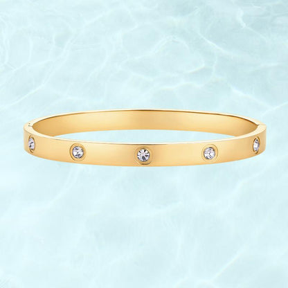14K Gold Plated Crystal Bangle Bracelet, Waterproof Stainless Steel Cuff Bangle with Sparkling Stones-TTT