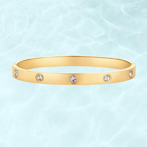 14K Gold Plated Crystal Bangle Bracelet, Waterproof Stainless Steel Cuff Bangle with Sparkling Stones-TTT