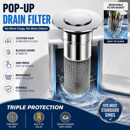 🚿Universal Pop-Up Bathroom Sink Drain Filter with Removable Stainless Steel Hair Catcher Basket🦠 Anti-Odor &Anti-Insect Design-YOY