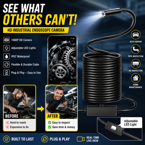 📷Professional Inspection Camera with LED Lights– Waterproof HD Endoscope for Auto Repair & Home Maintenance-YOY