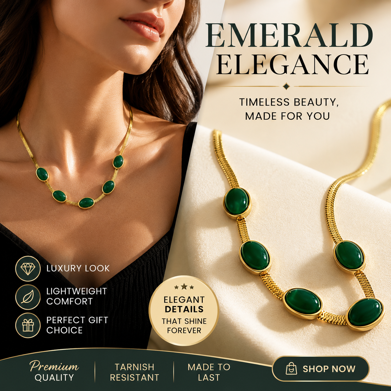 💚Elegant Emerald Gold Necklace🎁Vintage Oval Gemstone Statement Chain for Women-YOY