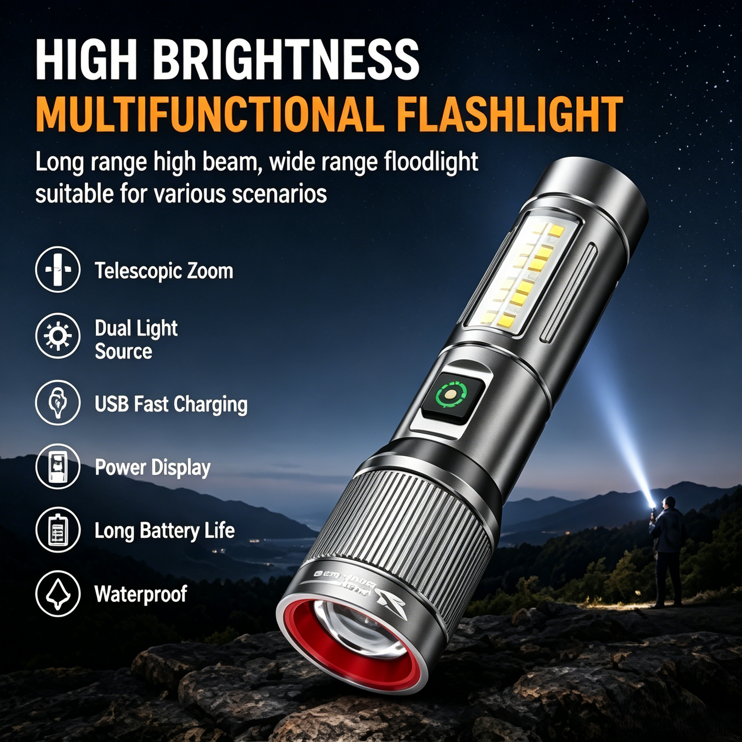 🔦 All-in-One Rechargeable Flashlight for Camping, Hiking & Emergencies ⛺-WBJ