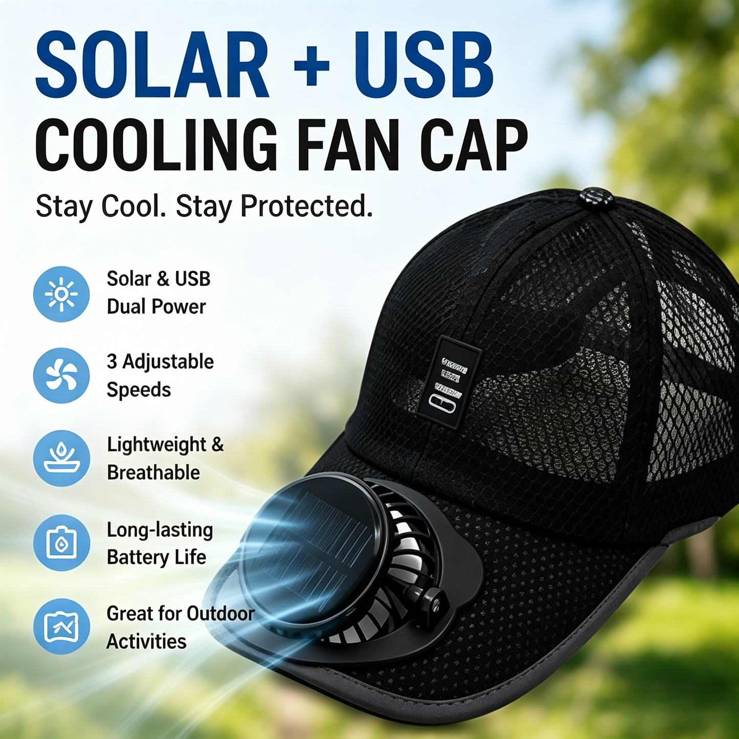 ☀️ Solar-Powered Cooling Fan Baseball Cap | UPF 50+ Sun Protection-WBJ