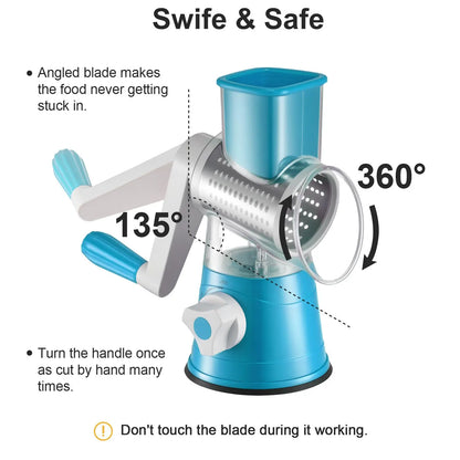 Manual Rotary Cheese Grater, 3-in-1 Stainless Steel Vegetable Slicer & Shredder, Multi-Function Kitchen Food Processor-TTT