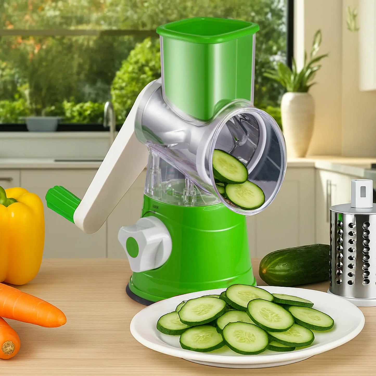 Manual Rotary Cheese Grater, 3-in-1 Stainless Steel Vegetable Slicer & Shredder, Multi-Function Kitchen Food Processor-TTT