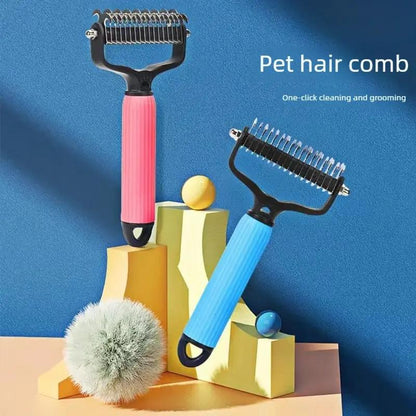 Pet Detangling Grooming Comb, Double-Sided Undercoat Rake for Dogs & Cats, One-Click Shedding Brush for Matted Hair-TTT