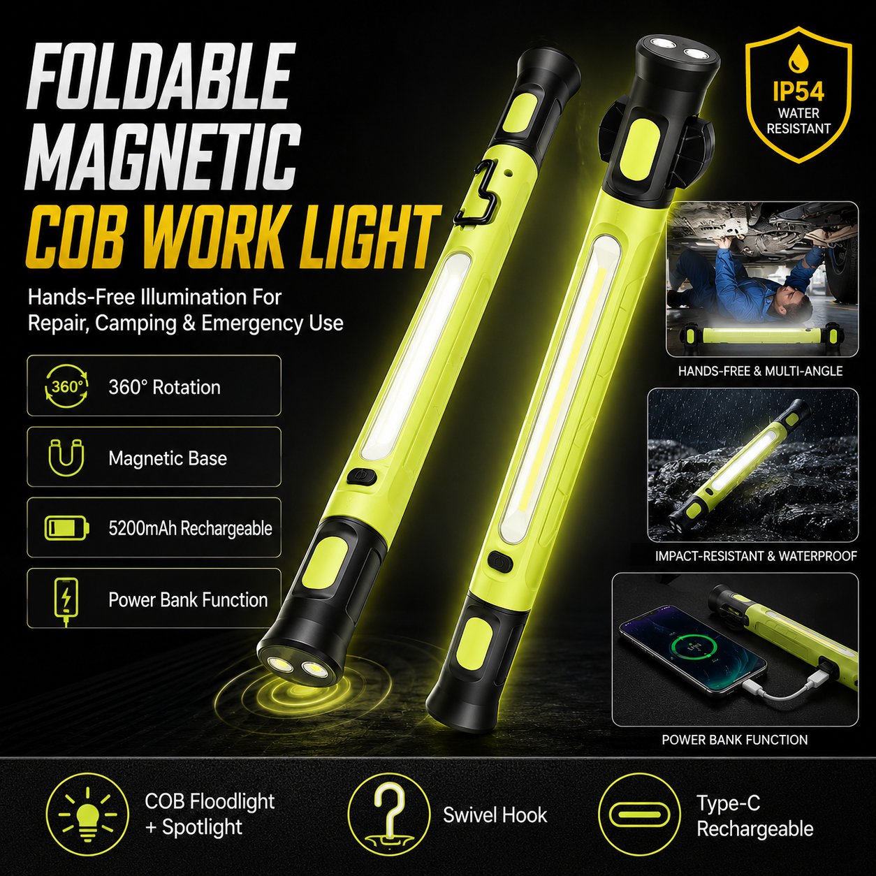 🛠️ Foldable Magnetic COB Work Light, Rechargeable Mechanic Inspection Flashlight for car repair and outdoor emergency use-XLB