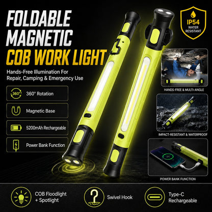 🛠️ Foldable Magnetic COB Work Light, Rechargeable Mechanic Inspection Flashlight for car repair and outdoor emergency use-XLB