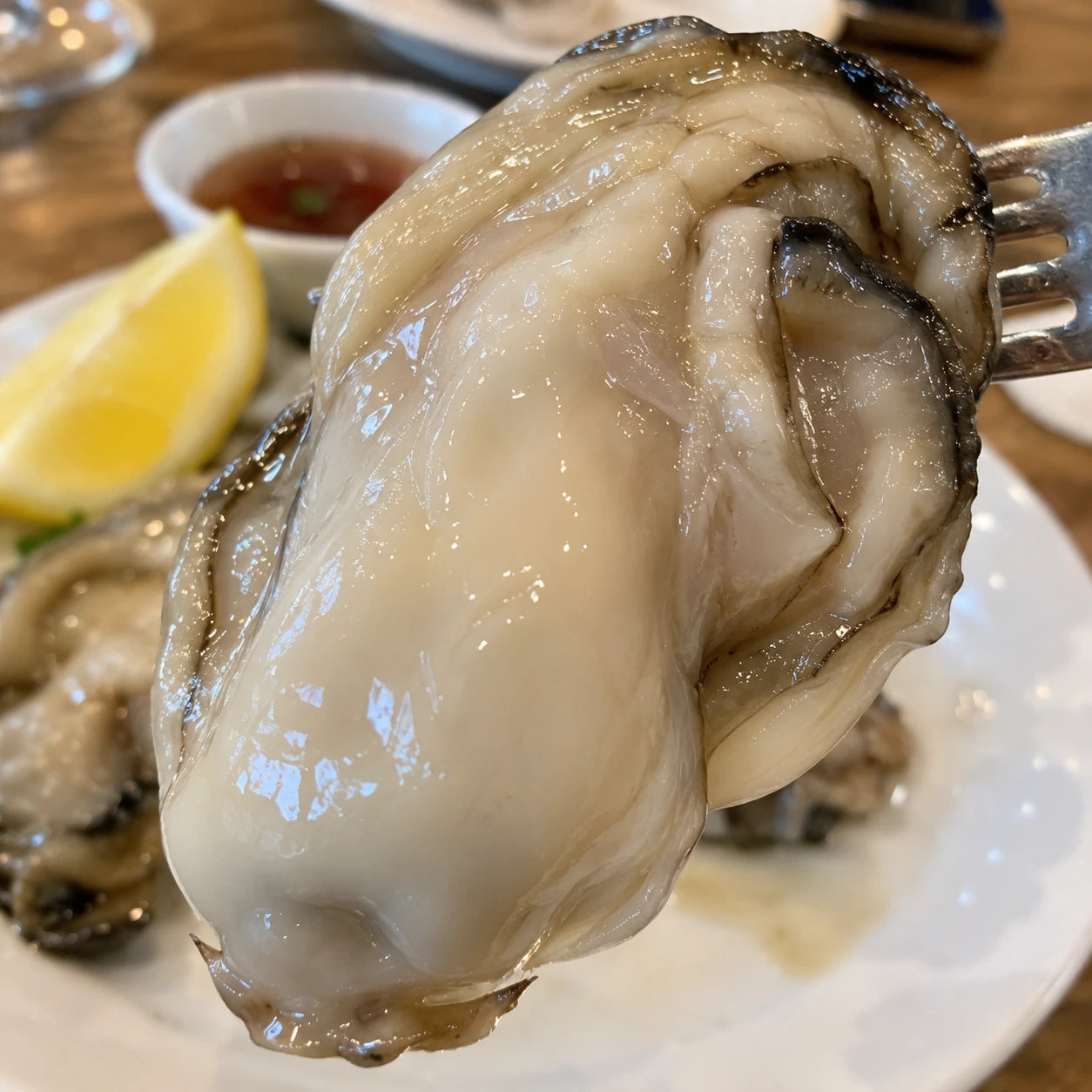 Plump oyster meat held on a fork above a plate with lemon.