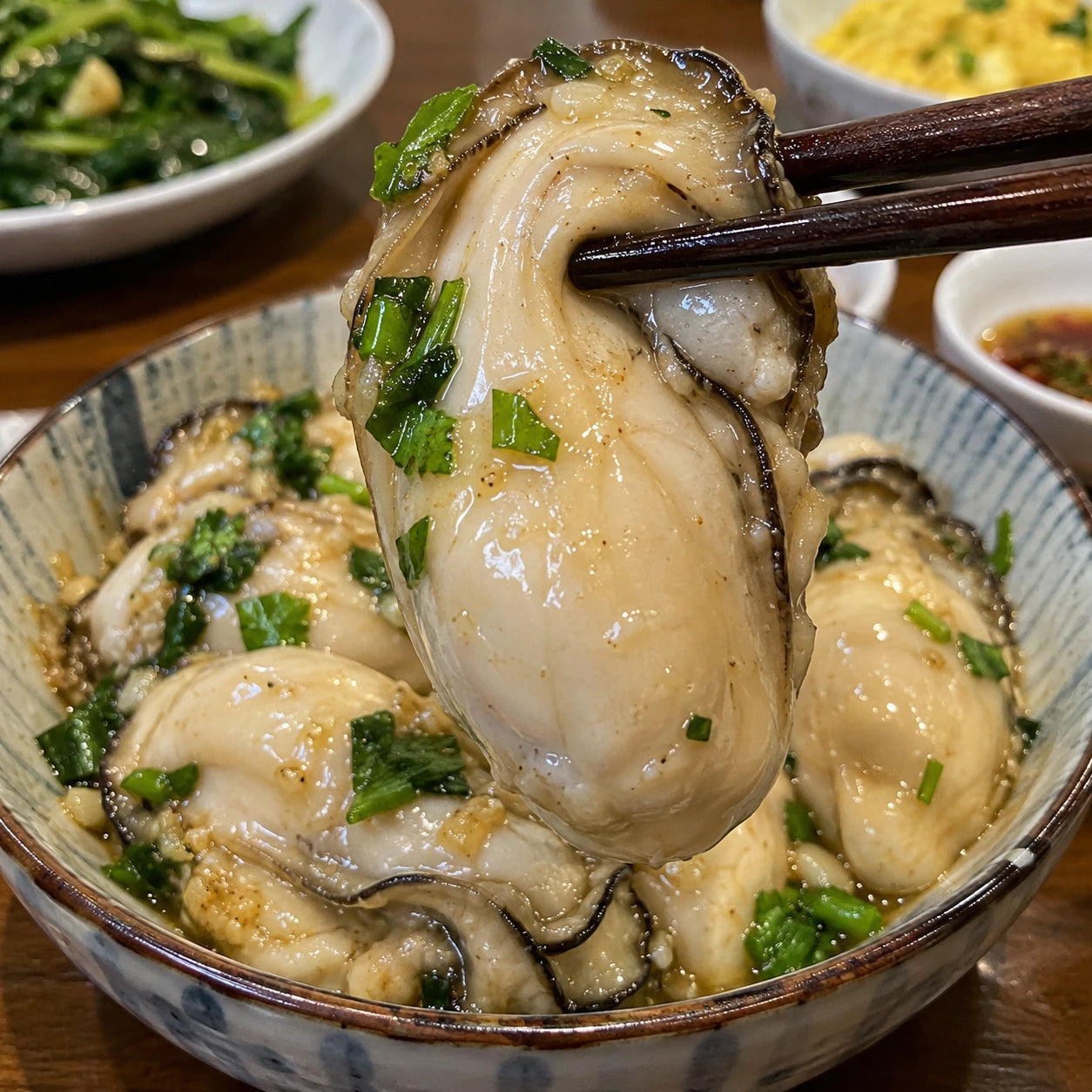 Oyster meat lifted above a bowl of oysters with herbs.