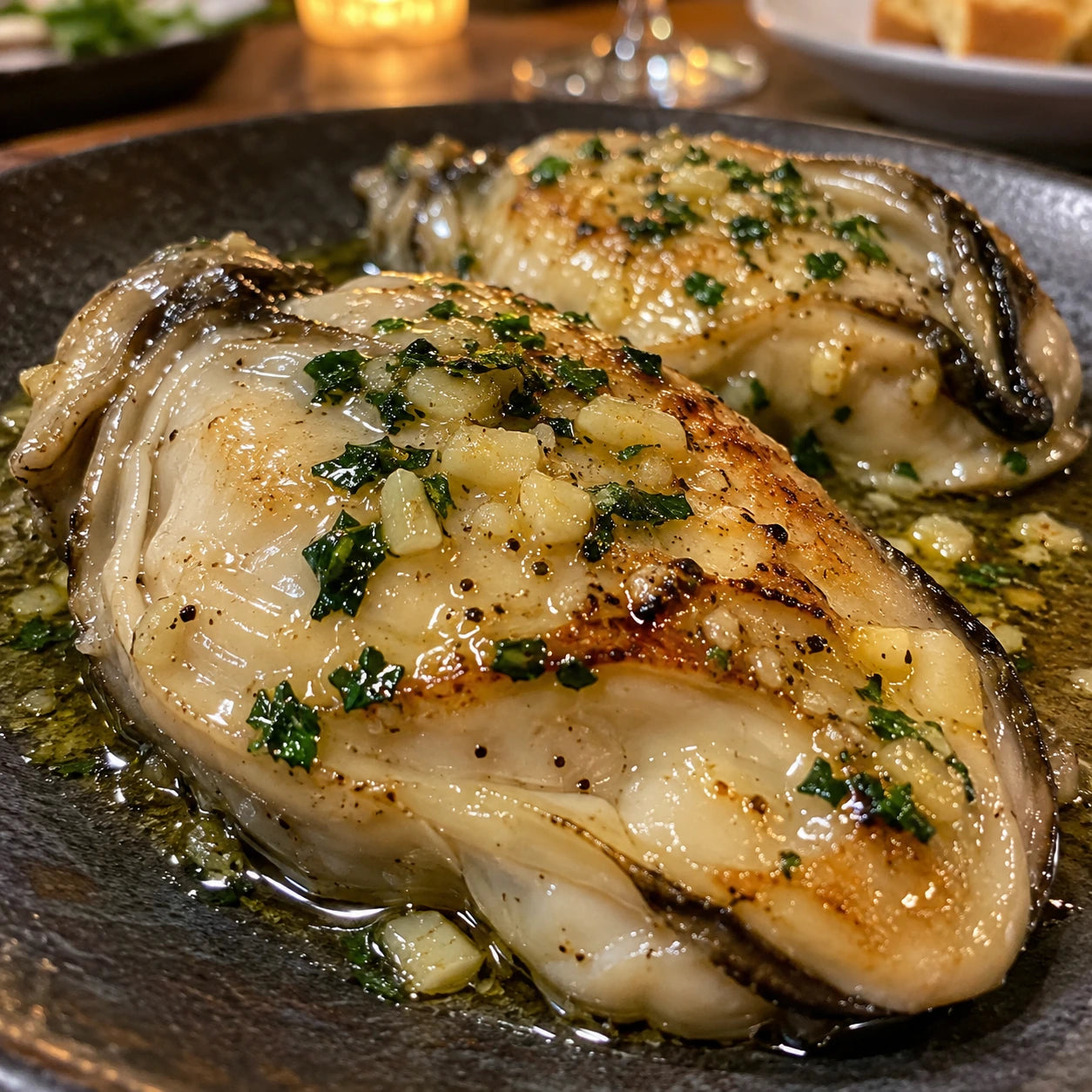 Golden oyster meats topped with garlic and green herbs.