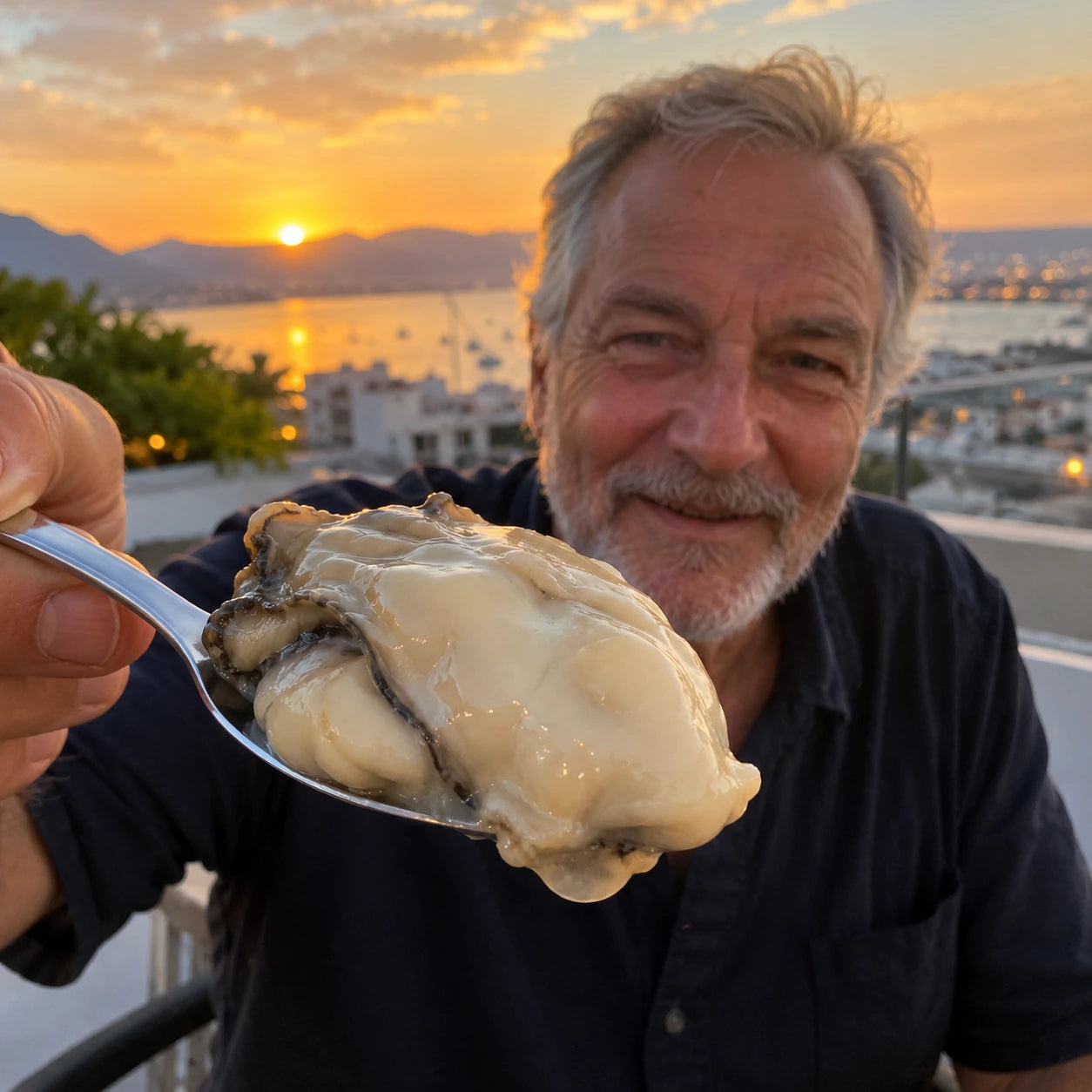 Older man presenting oyster meat with a harbor sunset.