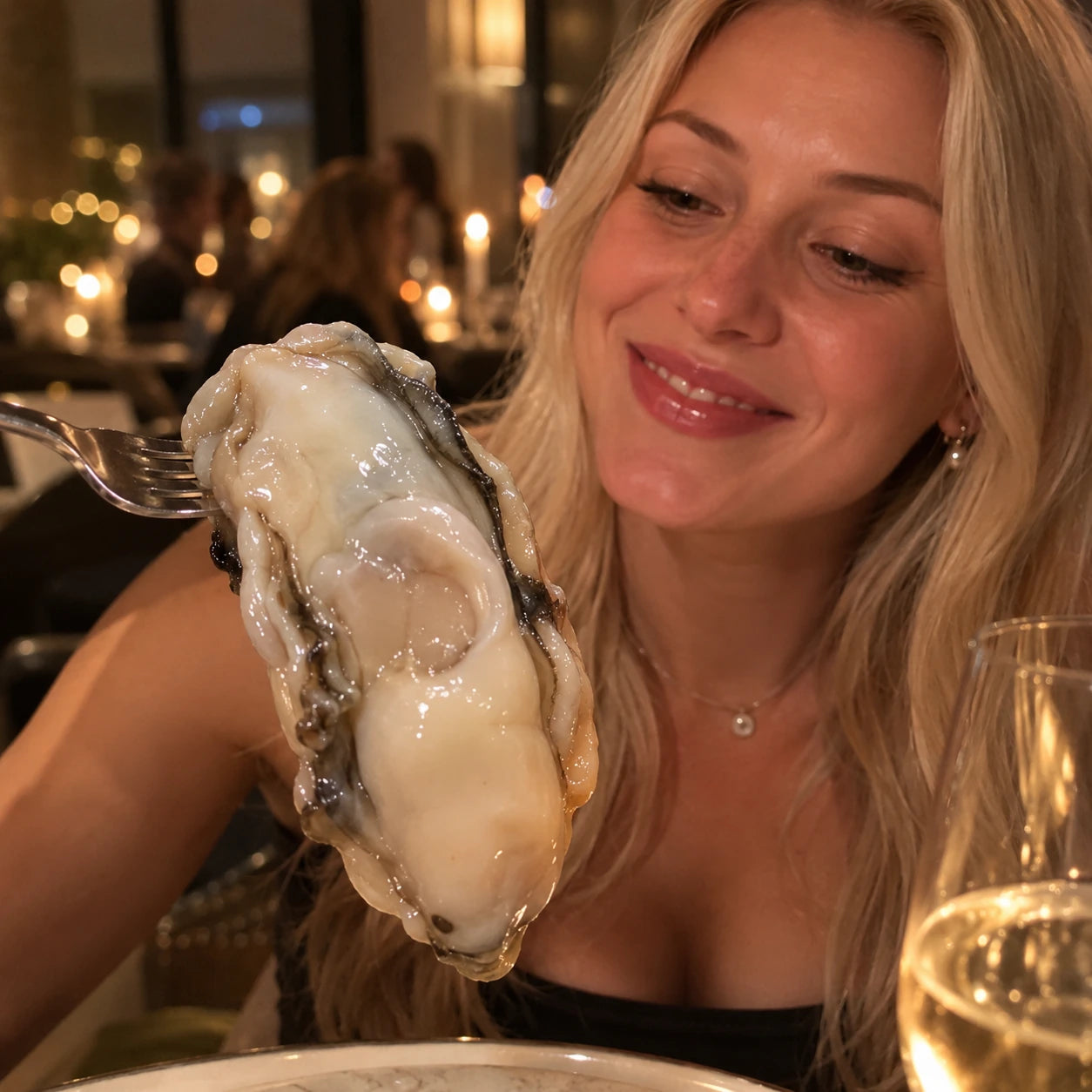 Woman presenting a large oyster in a warmly lit dining room.