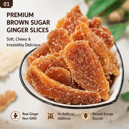 Premium Crystallized Brown Sugar Ginger Slices - Thick Cut, Chewy & Pure Natural Energy-XXS
